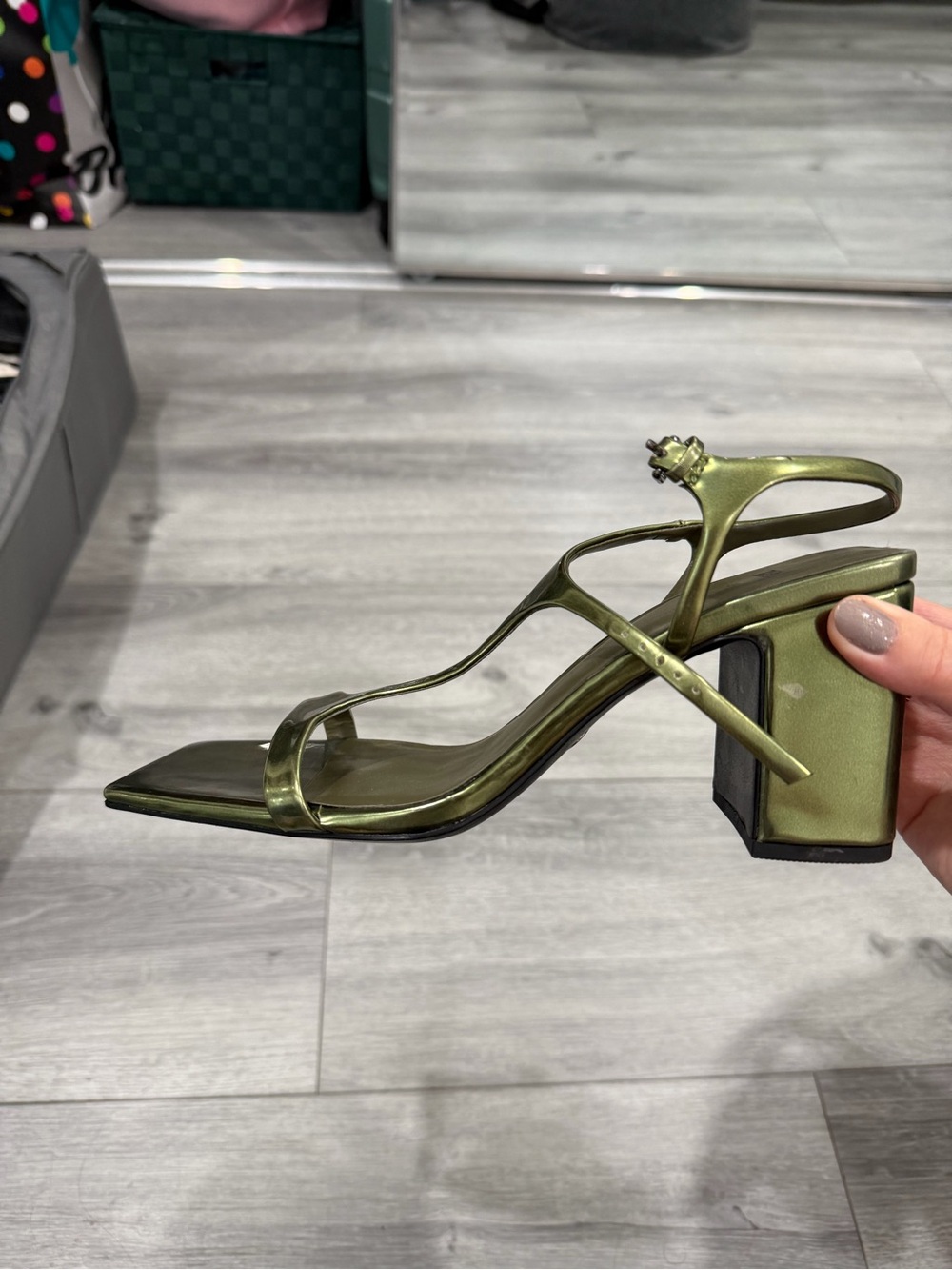 Zara Metallic Olive Green Strappy Block Heel Sandals